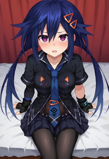 score_9, score_8, score_7_up, hd, (ultra hd quality details), bedroom,
solo, 1girl, medium breasts, ankuro, blue hair, purple eyes, twintails, twin braids, hairclip,
krodef, black shirt, blue necktie, suspender skirt, striped, fingerless gloves, black gloves, pleated skirt, black skirt, bodystocking,
looking at viewer, blush, open mouth, embarrassed, 
sitting, from above,
<lora:_tennouboshi_uzume-elesico-ponyr2-16dim:0.9>
