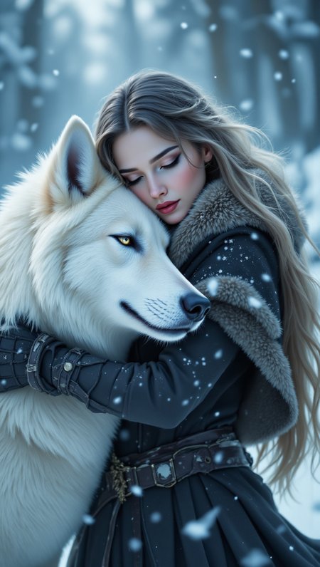 pinkfluxproultrafantasia, aidmaimageupgrader
highly detailed cinematic scene, A tender scene of a woman embracing a large white wolf in a snowy landscape. The woman, with long wavy hair, and a fur cloak, exudes affection as she holds the peaceful wolf. both of their eyes are closed. The wolf's eyes are closed, its soft, fluffy fur intricately detailed. Snowflakes gently fall in the blurred, wintry background. The woman's dark, rugged cloak contrasts with the bright white of the wolf and snow, while her gloved hands complete the sense of warmth and companionship in the cold, serene atmosphere. Cool tones of white, blue, and grey dominate
