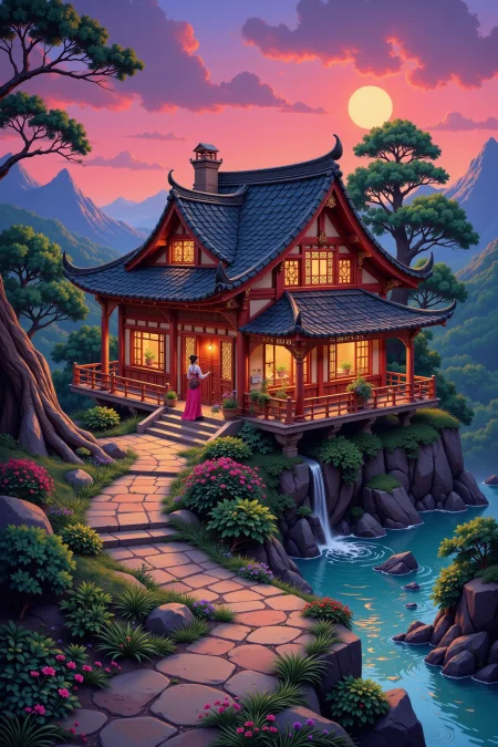 an oriental house beautiful  landscape, dusk, woman, very intricate, very detailed, sharp, bright, colorful, <lora:Hand v2:0.5> <lora:Anti-Blur:1><lora:Insane Detail Slider:0.25>  <lora:flux.1_lora_flyway_Epic-detail_v2:0.3> <lora:fluxenhancer:0.25> <lora:ROWER:0.6> <lora:flux-charmer-v1-1:0.4>  <lora:classic-cartoon:1> cl4ss1cc4rt00n