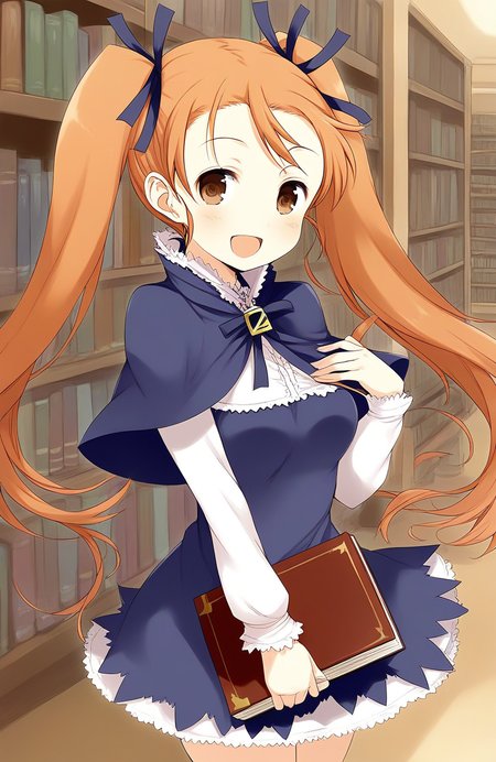 score_9, score_8_up, score_7_up, source_anime, rating_explicit, BREAK  <lora:Aliese_Martini_Ver2.0_XL:1> Aliese_Martini, 1girl, solo, twintails, long hair, brown eyes, hair ribbon, orange hair, brown hair, short stack,
 1girl, twintails, book, solo, long hair, smile, open mouth, brown eyes, ribbon, brown hair, holding book, hair ribbon, looking at viewer, holding, capelet, :d, skirt, blush, 
Show less
library, room,
smile,
looking at viewer, 
cowboy_Shot,
