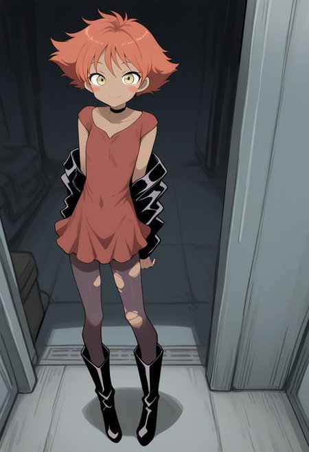 masterpiece, best quality, absurdres,
BREAK,
1girl, standing, red lace dress, frilled skirt, torn pantyhose, black work boots, black jacket, black choker, smile,
 radical_ed, short hair, red hair, dark skin, blush stickers, dark-skinned female, yellow eyes, orange hair, edward wong hau pepelu tivrusky iv, cowboy bebop,
BREAK
(yamamoto_souichirou:0.7),(bee_(deadflow):0.5), (cunnyfunkystyle:0.25)