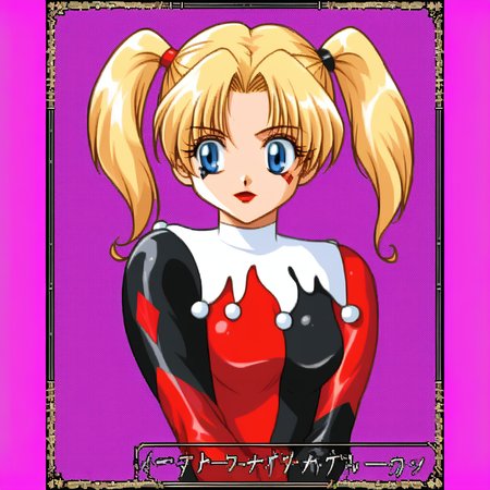 KichikuouRncStyle, purple background, simple background, retro artstyle, upper body,source_dc,harley quinn, <lora:KichikuouRncPortraitStyle_Pony-000009:0.8>