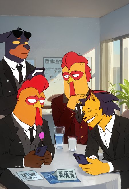 score_9, score_8_up, score_7_up, score_6_up, score_5_up, score_4_up, l0streakchick3n, anthro, r00ster, d0gg0u, br0therli0n, 3boys, suit, chair, sitting on chair, sunglasses on head, table, holding phone,
 <lora:lostreak_chickenV2_epoch_6:1>