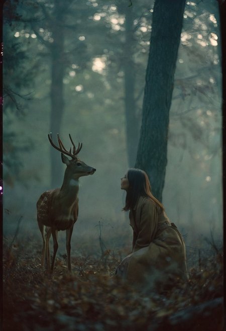 Analog Photo, portrait of woman and deer facing each other, dark autumn forest, mystic lighting, thick fog, shallow depth of field, bokeh, cinemascope, 35mm photo, Kodachrome