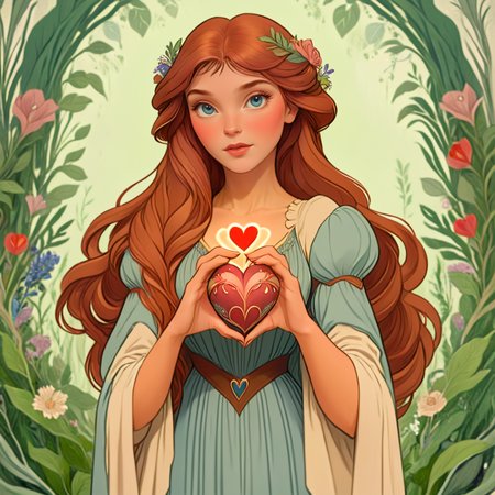<lora:Disney_NouveauSDXL:1> ArsMJStyle, Disney Nouveau, The image shows a woman with long red hair holding a heart in her hands surrounded by plants and flowers. She appears to be a princess with a regal and majestic look on her face., 1girl, solo, long hair, brown hair, flower, blue eyes, looking at viewer, dress, magic, lips
