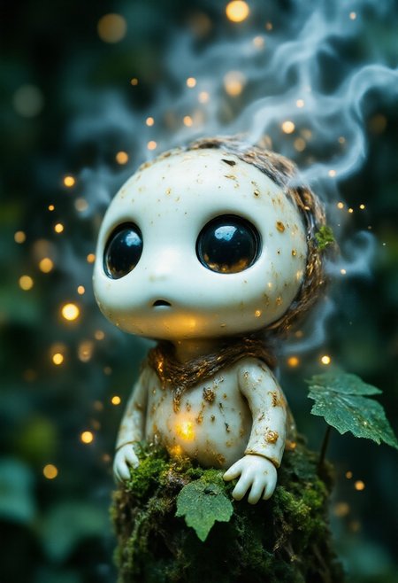 Studio Ghibli Dark Fairytale, moody ethdysty, fantastical, ethereal aesthetic. The image is a high-resolution macro photograph of a small, Ghibli-inspired Kodama forest spirit, showcasing intricate details of its tiny, otherworldly body. The Kodama has a smooth, desaturated white surface with faint, faded markings that give it an aged, ghost-like appearance. Its large, hollow black eyes are glossy and reflective, hinting at a silent wisdom. The delicate limbs and subtle textures, almost translucent, catch the ambient light in a soft glow. Fine, mist-like particles drift around it, adding to its eerie, serene presence. Cracks and tiny mossy growths adorn parts of its body, as if it's partially formed from the forest itself. The background is blurred, filled with diffused forest light and glowing spores, creating a dreamlike depth that makes the Kodama appear to hover silently in a realm between life and spirit.