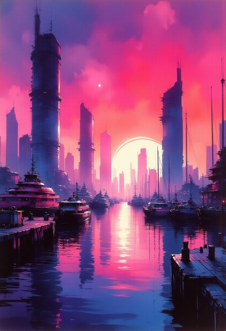 photorealistic inksketch in vivid, surreal colour gradient, gradient of vibrant neon colours, skyscrapers around a futuristic port city, harbour, futuristic ships, sunset, reflection, mist