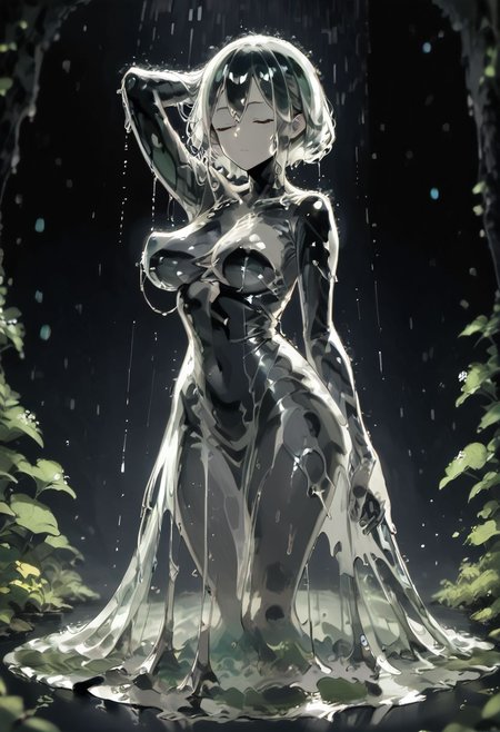 score_9, score_8_up, score_7_up, score_6_up, source_anime, slime girl, swooping breasts, full body, gl4sst3r, glass, dress, see-through, closed eyes, dark cave, waterfall, splashing, wet, dripping, cinematic lighting, zPDXL
