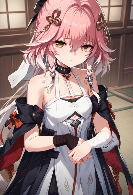 score_9_up, score_8_up, score_7_up, extreamly detailed, beautiful detailed face, complex detailed background, 1girl, BREAK, 
CHANG LI, CHANG LI CHILDHOOD, looking at viewer, bangs, dress, holding, hair between eyes, brown eyes, closed mouth, pink hair, white hair, multicolored hair, sleeveless, choker, bandages, aged down, sad