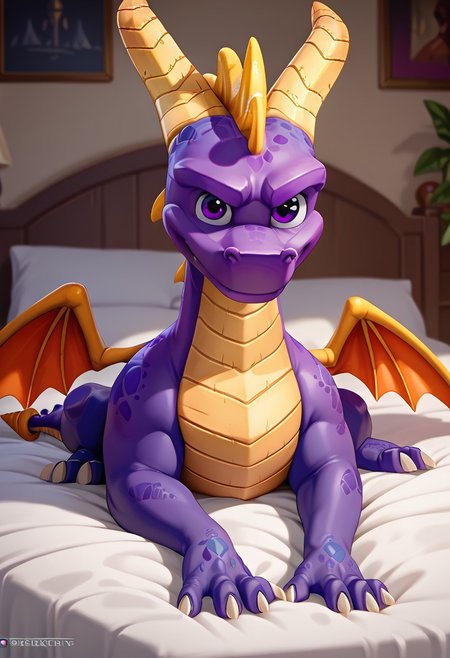 score_9, score_8_up, score_7_up, score_6_up, score_5_up, score_4_up, solo, rating_safe, source_furry, 1boy, bedroom, smile, full body, laying,
,
solo, dragon, horns, purple eyes, wings, claws
,
by_dreiker