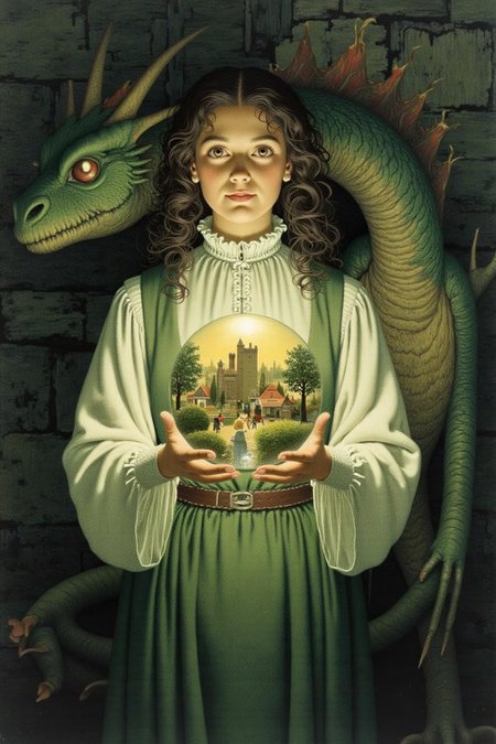 jeanleonhuens1 illustration.
jole1.
A young woman with curly, dark hair, dressed in medieval-inspired attire, including a white, long-sleeved blouse and a green, knee-length skirt. She holds a large, clear glass orb in her hands, revealing a miniature, detailed scene inside. The scene inside the orb depicts a medieval town with a castle, houses, and trees, bathed in a warm, golden light. There is a dragon with green and brown scales standing behind her.  <lora:jeanleonhuens1_ap_d6a3e12:1.0><lora:844821171213030056:0>