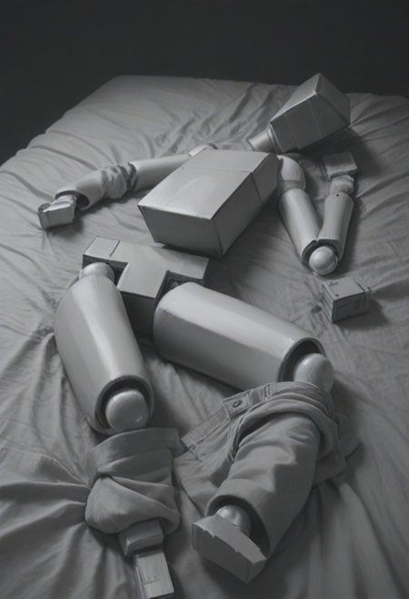 score_9, score_8_up, score_7_up, score_6_up,  highly detailed, realistic, cyberpunk,  BoxPerson, monochrome, greyscale, no humans, robot, mecha, humanoid robot, undressing, clothes lying around