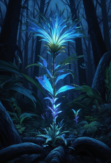 bioluminescent sprout in a dark theme forest, detailed, realistic, 8k uhd, high quality, sbfte, Midjourney_Whisper