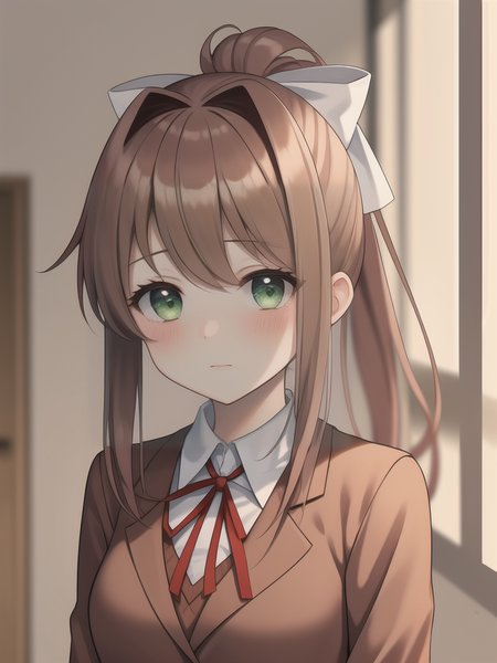 ddlcmonika,<lora:ddlcmonikatest:0.7>,(1girl:1.1),brown hair,ponytail,school uniform,bangs,green eyes,white ribbon,(blush:1.1),<lora:LCM-LoRA_sd15:1>,