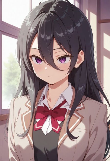 masterpiece,best quality,amazing quality, ayano kimishima, long hair, black hair, hair between eyes, purple eyes, 1girl, solo, bow, red bow, school uniform, shirt, jacket, collared shirt, white shirt, bowtie, red bowtie, brown jacket