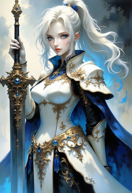 heavy hair, cool hair, super huge gigantic enormous normal sized  flexible sagging bosom,an anime image of a beautiful girl with white armor holding a sword, 1girl, solo, weapon, sword, white hair, holding, looking at viewer, blue eyes, holding sword, holding weapon, ponytail, long hair, gloves, closed mouth, shoulder armor, armor