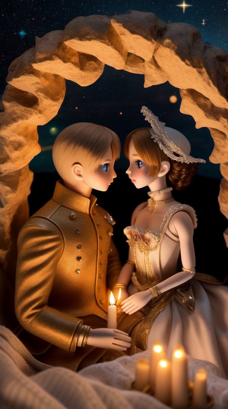 Meteor shower in a starry sky, a couple sitting together looking at the stars, masterpiece, best quality, intricate detail, absurdres, professional photography, soft lighting, tone mapped, highly detailed, sharp focus, dramatic lighting, intricate details, cinematic, 8K, incredible shadows, realistic, (highly detailed background:1.0), <hypernet:char_DollfieCute:0.8>, Ruchona Dollfie