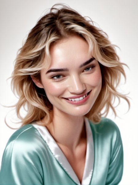 1girl, realistic, blond,
portrait, smile, wearing satin pajamas, white background, looking at us,
 <lora:abbie-synth-xl-lora-1:1>