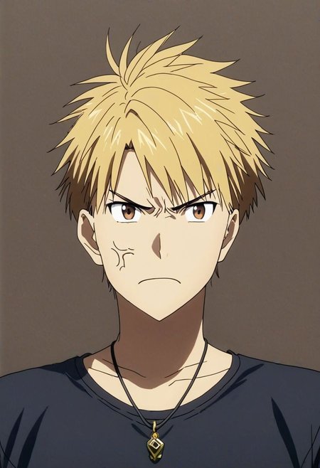 high resolution, solo, best quality, 1Boy, Yamato Ishida, Blond Hair, Necklace, potrait, dark shirt, looking at viewer, focused gaze forward, simple background, straight body, upper body, head upright, anger, OverallDetail