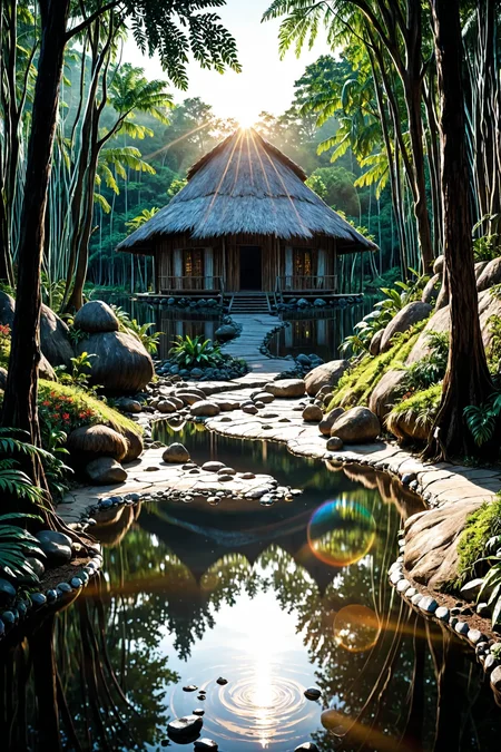 photo, photography, Fujifilm XT3 Viltrox, ((very detailed)), sharp focus, sharp background,  best quality, beautiful landscape, rainforest, jungle, sacred earth, stream, water ripples reflections, (small river pond), rainforest, hut, tribal amazon village, stunning nature environment, (bright sunny sky), high contrast, cinematic (lights), backlight, shadows, lens flare, vibrant colors, colorful, Dark Chocolate Brown flowers and leaves,  <lora:add-detail-xl:1>  <lora:Better Blur Control:1>