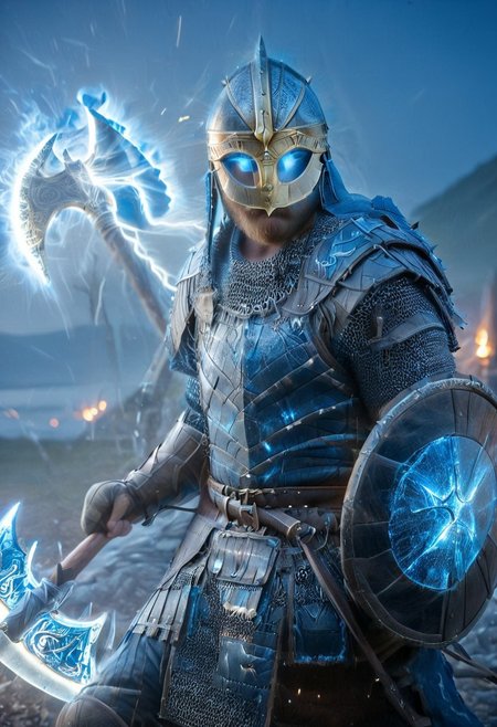 1man, armored Viking warrior in lamellar armor, wearing Viking helmet and lamellar armor, broken glass, reflection, glowing blue lightning, axe and shield, Viking sword, blue flames, shatter, holding sword, glowing sword, motion blur, emphasis line, outdoor in the darkness, looking at viewer,
