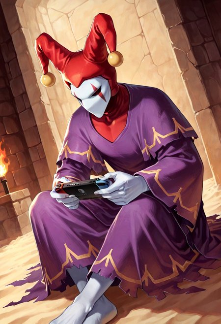 score_9,score_8,score_7,source_furry, (masterpiece, best quality, high quality:1.2), detailed hands,character focus, detailed skins, body blush, cinematic shadow, character focus, ultra detailed background, 
dutch angle,
<solo:1.5>, <1boy:1.5>, (anime:3.5), (official:3.5), sitting, playing switch,
chariotsaga, 1boy, solo, male focus, 
jester, red headwear, looking at viewer, white skin, jester cap, pom pom (clothes), (faceless mask:1.2), facepaint, hat, robe, purple robe, torn robes, long sleeves, wide sleeves, barefoot, light gray color nails, 
ancient ruin background, indoor, dark orange stone wide rooms, torch wall, darkness, sand, desert,
