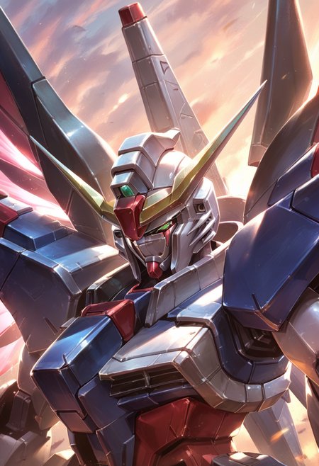 (score_9:0.9),score_8_up,score_7_up,rating_safe,anime_style,(zPDXL),<lora:Destiny Gundam ponyXL v1:0.72>, destiny gundam, green eyes, solo, upper body, science fiction, looking down, mechanical wings, glowing, energy wings