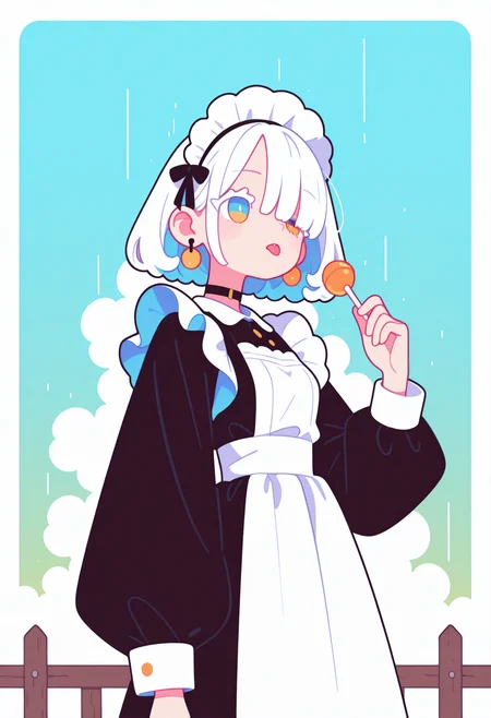 masterpiece, best quality, good quality, very aesthetic, absurdres, newest, 8K, from side  BREAK 
side portrait of stunning girl standing, bangs, white hair, multicolored hair, bobcut hair, 
pastel cyan eyes, choker, hair over one eye, 
small breasts, earrings, ear pierces, 
ultra detailed decorative victorian gossamer clothes, very short tight black maid dress, maid apron,  
simple pastel gradient blue background with extremely thick white border,
BREAK 
half closed eyes, unfocused eyes, 
subtle fangs peeking out from slightly parted lips, tongue loosely hanging out,
distant gaze, emotionless look, looking away, uneven eyes,  white thick eyelashes, white long eyelashes,
(holding a lollipop with right hand, licking a lollipop),
(storming), strong wind, cloudy, 
ultra-realistic, Flatline, Flat vector illustration, haiz_ai, no lineart, no outline,  rain,
heavy-rain, modern fence in background, clouds, very smoky,
<lora:Rain (Illustrious) v1:0.5> <lora:ponyv6_noobE11_2_adamW:0.25> <lora:haiz_ai_illu:0.8> <lora:flatline:1.65>
