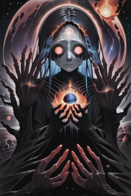 <lora:CosmicBeings:1.2>, milky way, planets, stars, supernova, black hole, hands, face, surreal
(1girl, monster, horror, 4hands, 6legs, 10eyes, long fiery hair:1.5)
