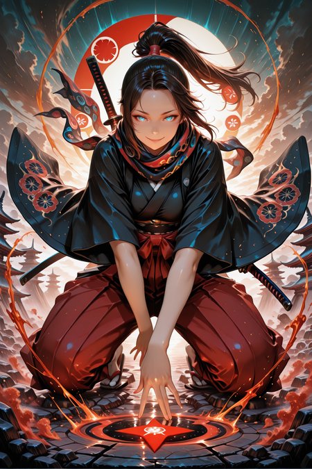 embedding:lazypos, 1girl, mature female, solo, ponytail, long dark brown hair, glowing blue eyes, slit pupils, sexy smile expression, black and red checker patterned scarf, black kimono, haori, hakama pants, katana, samurai fantasy battlefield, stormy sky, dynamic pose, intense lighting, detailed background, depth of field, dynamic composition, foreshortening, detailed background, dynamic pose, dynamic composition,dutch angle, detailed backgroud,foreshortening,blurry edges <lora:TrendCraft_The_Peoples_Style_Detailer-v1.0A-3_13_2025-illustrious:1>
