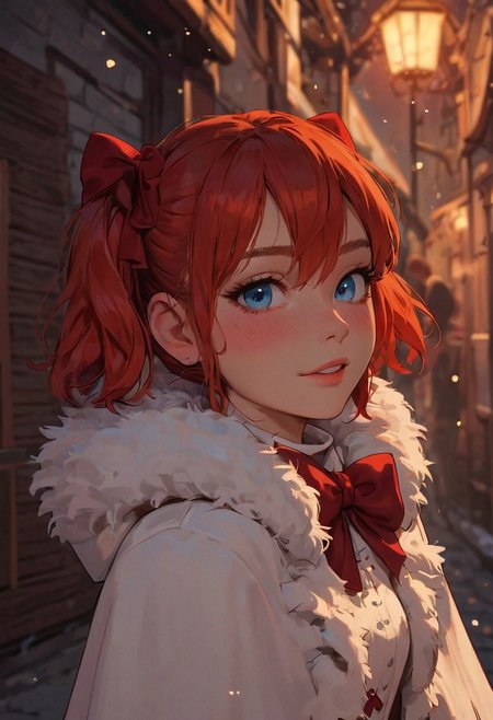 score_9, score_8_up, score_7_up, score_6_up, 
1girl, 25 years old, perfect face, cute, petite,
blue eyes, 
red hair, short hair, short twintails, hair between eyes, hair bow, 
fur trim, fur capelet, white coat dress, fur-trimmed dress, red bow, 
blush, shy smile, portrait, face focus, depth of field, looking at viewer, 
snowing, winter, village,