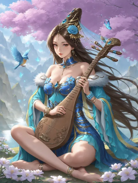 masterpiece,best quality,amazing quality,very aesthetic,volumetric lighting BREAK
[[<lora:spcaiwenji:0.7>]],1girl,anklet,barefoot,bird,bracelet,brown hair,butterfly,dress,earrings,flower,hair flower,hair ornament,instrument,jewelry,long hair,mountain,sitting,solo,looking_at_viewer,knee_up,indian_style,Pipa,playing pipa,