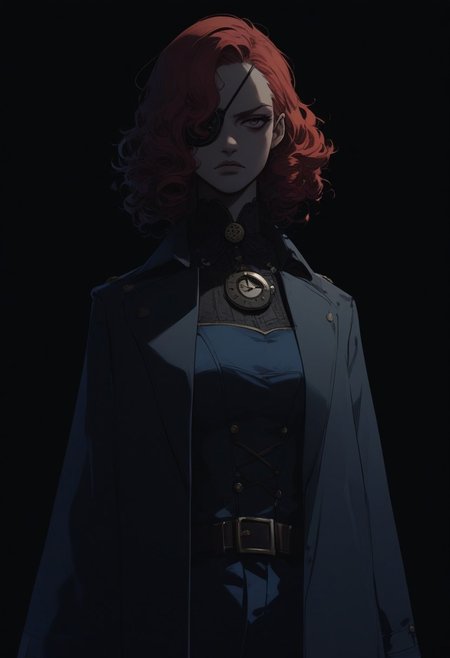 score_9, score_8_up, score_7_up, women, simple background, black background, human, official state dark blue clothing, long black coat, steampunk outfit, solo, standing up straight, serious face, a patch over his eye, red hair, аfro shoulder-length curls, pants, young, steampunk detective clothes