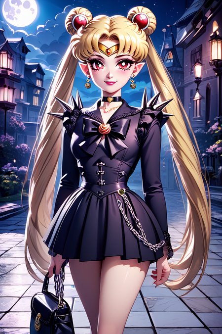 score_9, score_8_up, score_8, medium breasts, (curvy), cute, eyelashes,       BREAK, ,  ,,, <lora:CruelMoon_PDXL:0.8>, zzCruelMoon, long hair, twintails, tsukino usagi, blonde hair, jewelry, hair bun, double bun, sailor moon, very long hair, choker, chain, spikes, gothic, parted bangs, red eyes,  earrings, dress, makeup, holding, necklace, lipstick, black dress, pointy ears, night, ,,, , BREAK, closed mouth, alternate costume, smile, looking at viewer, collared shirt, blush, sweater, black skirt, eyelashes, long sleeves, sleeves past wrists, plaid skirt, shoulder bag, black bag, blurry, tile floor, pleated skirt, white shirt, cowboy shot, ,,, embedding:zPDXL, Expressiveh, ,,, <lora:Vivid:0.7>, <lora:LFashionPDXL:1>, <lora:Uncensored_PonyXL_cpt_v02.09:0.4>, <lora:Expressive_H-000001:0.4>,