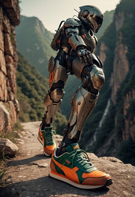 Super Closeup, a detailed running Cyborg Leg in orange/Green classic puma samba retro Sneaker, in Motion, Explore the stark contrast between the ominous, dystopian backdrop and the vibrant shoes in descent. Running to Edge of Cliff, Dive into the emotions, obstacles, and enigmatic ambiance conveyed by this distinctive scenario. very detailed, raw photo, photorealistic, high detailed texture, 8k uhd, dslr, soft lighting, high quality, film grain, Fujifilm XT3, highly detailed photography, (muted colors, cinematic, dim colors, soothing tones:1.2), vibrant, insanely detailed, hyperdetailed,  atmospheric haze, Film grain, cinematic film still, shallow depth of field, highly detailed, high budget, cinemascope, moody, epic, OverallDetail, gorgeous, 2000s vintage RAW photo, photorealistic, candid camera, color graded cinematic, atmospheric lighting, , imperfections, natural, shallow dof