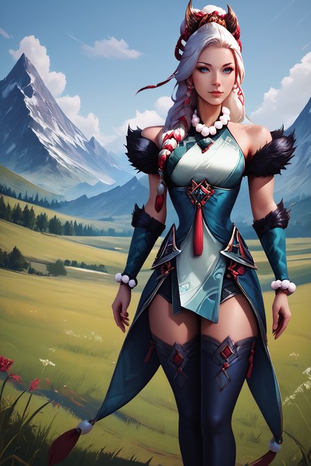 score_9, score_8_up, score_7_up, masterpiece, high quality, realistic,
 <lora:Snow Moon CaitlynPonyLora:0.9>1girl, long hair, hair ornament, beads, braid, necklace, bare shoulders, dress, fur trim, detached sleeves, bracelet, thighhighs, walking in the plains, grass field, mountains