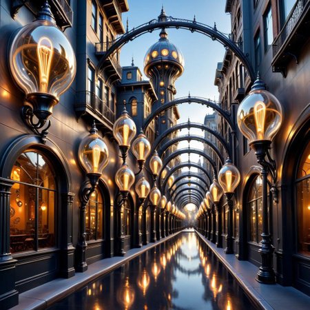 retro town street, outdoors, buildings, LIQUID METAL oval biopunk ornaments on steel columns,  light bulbs, art nouveau ornaments on glass fancy walls,  epic, colossal,Spiral Effect, steampunk, bridges
