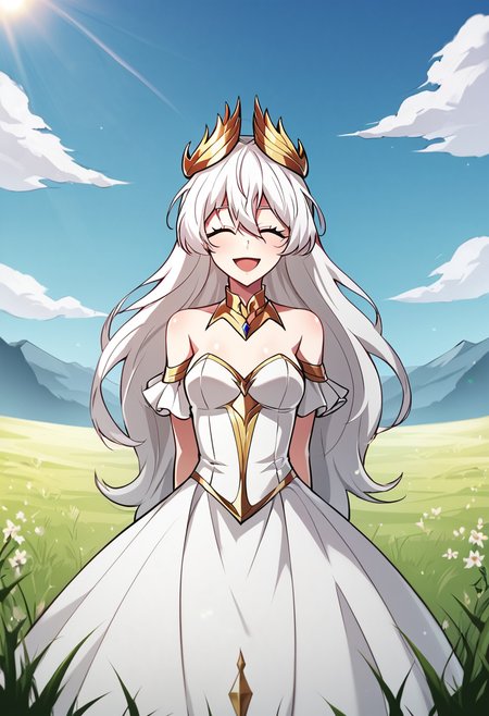 friacis, white hair, closed eyes, loose hair,long hair, teen, webtoon,manhwa, small breasts, royal_dress, royal_gold_crown
BREAK
outdoor, field of grass, sun, blue sky
BREAK
cowboy shot, looking at viewer, standing, happy face, open mouth, smile, front view, arms behind back
BREAK
best quality, masterpiece,score_9, score_8_up, score_7_up, perfect hand, , source_anime, manhwa, webtoon, zPDXL, <lora:Friacis:0.8>