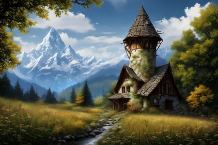 realistic analog photo, award winning photo, 
fantfa, background, mountain, stream, trees, foreground, field, house, farm, witow, a wizard watch tower,
high-quality, crisp, sharp, professional-grade, high-resolution, fine detail, accurate colors, low noise, fast shutter speed, wide dynamic range, precise focus, RAW, highres, 8k, uhd, High Dynamic Range, tonemapping, crisp details,