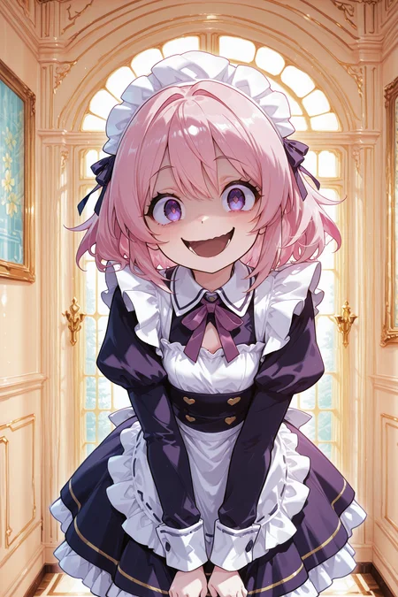 <lora:Shinsuke_Komaki_artist_style:1>
indoors, in a mansion,
 1girl, solo, crazy smile, looking at viewer, standing
 <lora:CivChan:0.8> CivChan, purple eyes, pink hair,