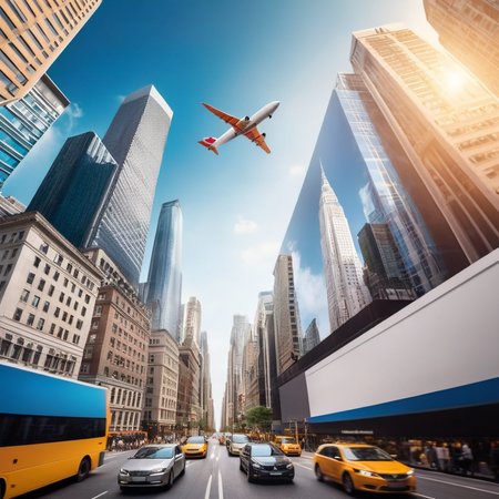 Advertising poster style,  <lora:Advertising:1.5>
A creative photo of  a plane flying through a city filled with tall buildings advertising style, Professional, modern, product-focused, commercial, eye-catching, highly detailed