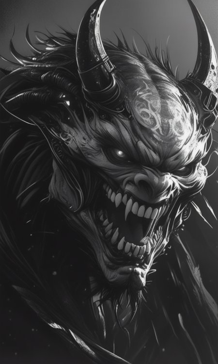 A haunting grayscale digital drawing of a demonic snarling face with sharp teeth glowing eyes and twisted horns set against a dark ominous background. The intense high-contrast lighting emphasizes the sinister menacing expression.  <lora:- iLL -PdJ_highres_counterweight _V1.0-step00007000:.8>  <lora:- iLL - the_edgy_mech_V2.0-step000013500:0.8>