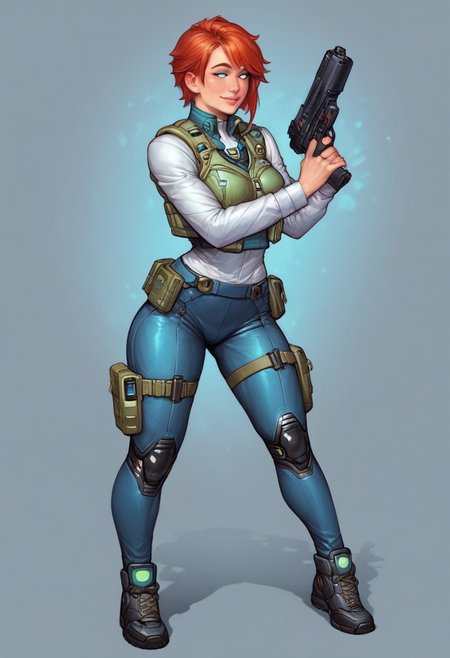 ((1girl, cute face, dynamic pose,
Glowing aura surrounding a futuristic character like the Nomad, clad in a futuristic detailed brown suit handmade, (((futuristic army vest armor))) patches on suit, redhead, long bangs, holographic blue light streaks, medium breasts, (big shining white eyes without pupils:1.5), dynamic pose)), coy smile
BREAK 
((((full closed)))), (((big futuristic gun in hands, sci-fi gun in hands)))
score_9, score_8_up, score_7_up, score_6_up, source_cartoon, rating_explicit, Expressiveh, (((((full body))))), dynamic pose, (in wastelands, sandstorm:1.3)