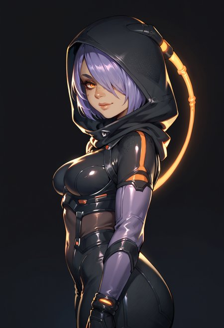score_9,score_8_up,score_7_up,score_6_up,dark background,bodysuit,medium breasts,hood,purple hair,short hair,orange eyes,looking at viewer,from side,hair over one eye,makeup,freckles,thick thighs,black pants,glowing,<lora:MyTrainings\Temp\Apex\Loba_Heat_Shade_Pony\v6_5e_no_trigger_word_and_added_hand_tags\Loba_Heat_Shade_Pony_ARZUMATA.safetensors:0.6>