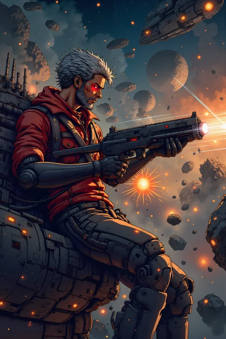 A renegade space pirate, his metallic arm gripping a blaster, leans against the railing of a dilapidated space freighter as it hurtles through an asteroid field. His skin is dark and weathered, with a scar running down the side of his cheek, and his cybernetic eye glows a menacing red as it scans the incoming debris. His short, spiky silver hair reflects the flashing lights of the shipâs failing systems, while his tattered leather jacket flaps in the artificial wind. Behind him, the freighterâs bridge is a chaotic mess of broken consoles and sparking wires, the crew shouting orders as they attempt to outrun pursuing ships. His expression is one of grim satisfaction, a grin spreading across his face as he adjusts the settings on his blaster, preparing for a fight. The asteroid field around them glows with the light of nearby stars, massive rocks tumbling dangerously close to the shipâs hull. His mechanical arm whirs softly as it readies for combat, the metallic fingers twitching with anticipation. The distant glow of laser fire illuminates the scene.<lora:flux_manga_ske>