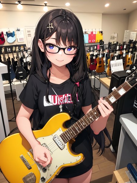 masterpiece, best quality, ultra-detailed, illustration, 
1girl, teenage, glasses, black long hair, smile, hold electric guitar,  play guitar, desk, computer, monitor, desk, messy room, guitarshop, 
 <lora:guitarshop-000002:1>