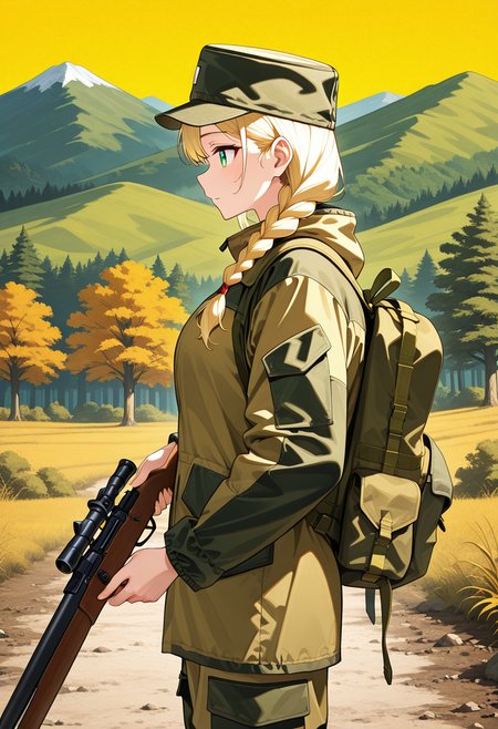 masterpiece, best quality, Graphic Design, color art, vibrant colors, colorful, intricate details, high contrast, detailed background, beautiful detailed, beautiful face, detailed eyes, detailed face, new, newest, 1girl, solo, g0rk4, military uniform, jacket, pants, camouflage, cowboy shot, forest, dynamic pose, walkng, hill, mountain, weapon, holding hunting rifle, bolt action, from side, backpack, single braid, hair over shoulder, cap,
