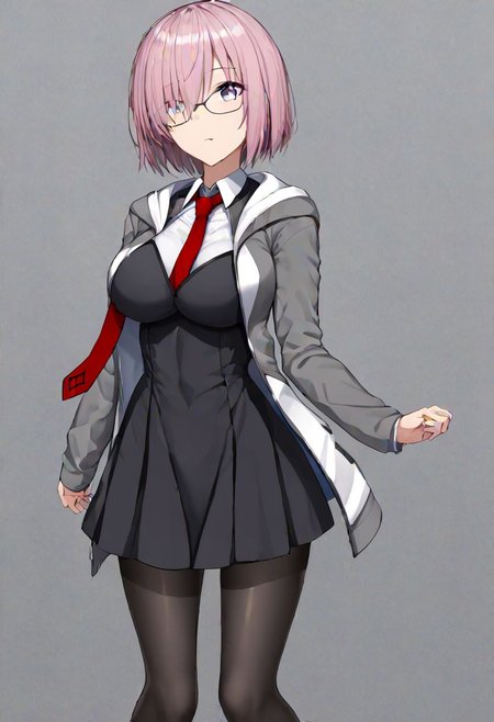 Mash_Def, glasses, short dress, black dress, black skirt, necktie, red necktie, wing collar, jacket, open jacket, hooded jacket, grey jacket, hood down, black pantyhose, 
masterpiece, best quality, very aesthetic, absurdres, 1milf, 1adult, solo, full_body, tachi-e,
