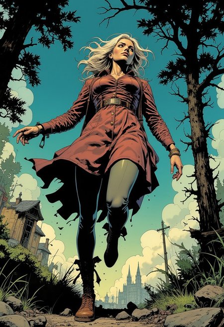 (dutch angle:1.2),(view from below:1.4), Comic book art,by Ashley Wood, deep meaningful context backgrounds, young woman,
