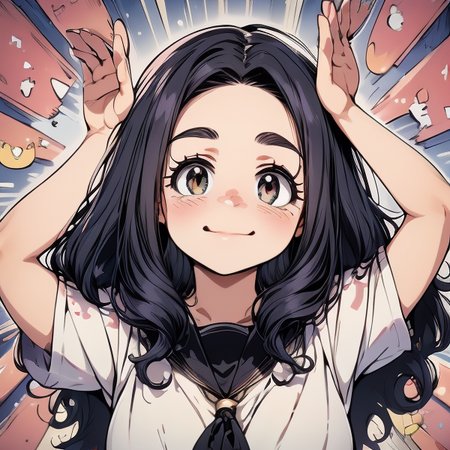 (perfect hands, nice hands), <lora:sd15_lora_beta:0.2>, <lora:ETO_OC:0.2> ETO-OC, <lora:ETO_OCC006:0.6>, ETO_OCC, (curly hair:1.3), (long hair:1.1), (black hair:1.5), thick eyebrows, (plump), 1girl, (hazel eyes:1.5), smiling, looking at viewer, mature female, (parted bangs:1.8), (round-face:1.8), (round-chin:1.7), upper body, dress, <lora:taremeEyes_v10:0.5>, BREAK <lora:rabbit_pose-09:0.9> (((rabbit pose, arms up,)))